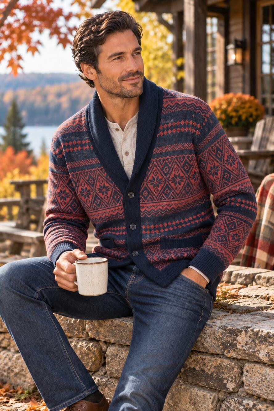 UNTUCKit Yandoli Cardigan Mens L Merino Wool Fair Isle Navy Red Shawl Collar